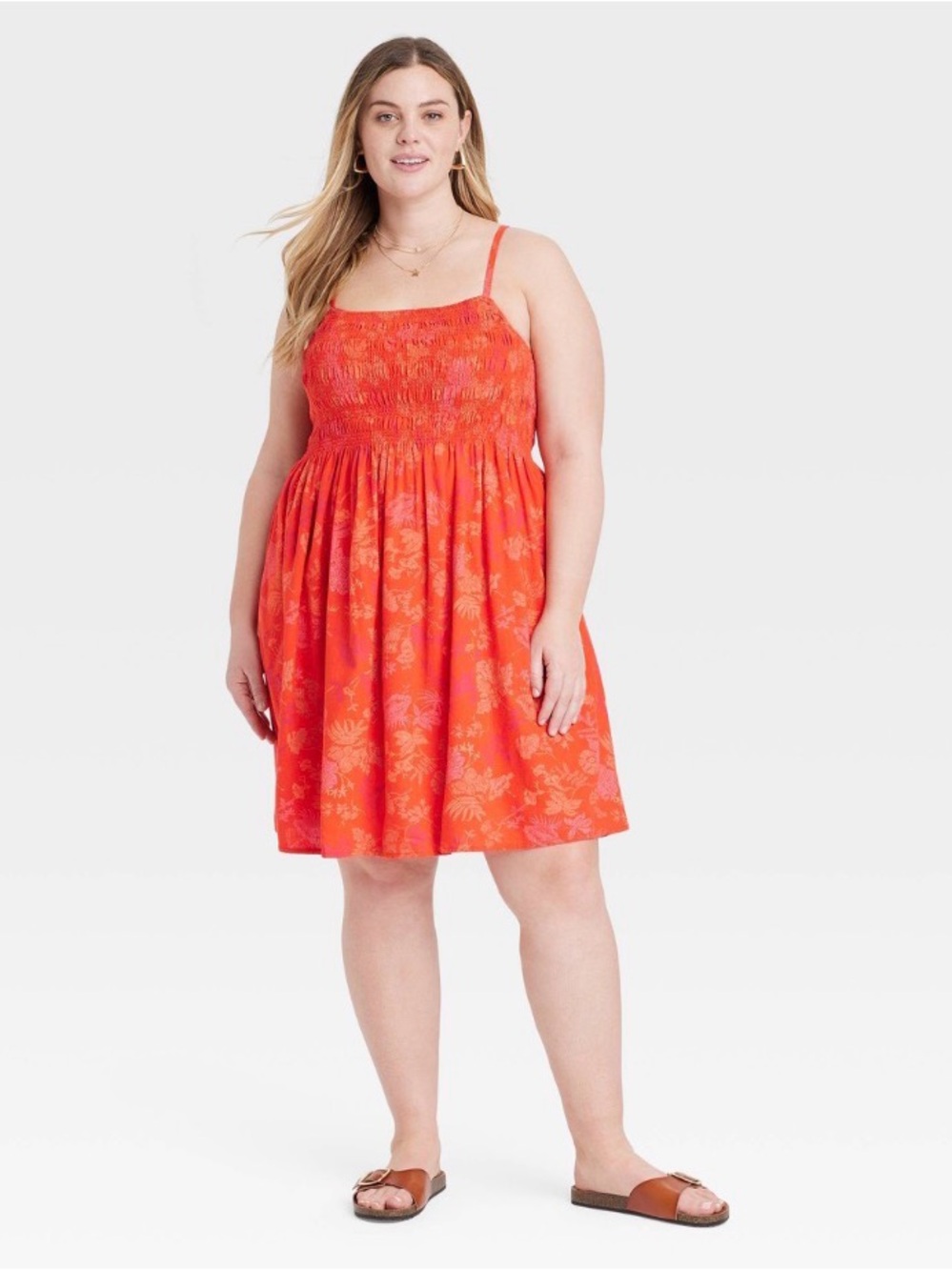 Universal Thread Bright Coral Floral Smocked Midi Dress
